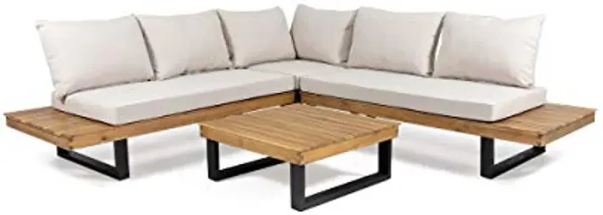 Christopher Knight Home Jerome Outdoor Acacia Wood 5 Seater Sofa Sectional, Teak and Beige