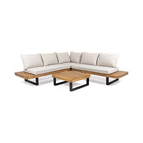 Christopher Knight Home Jerome Outdoor Acacia Wood 5 Seater Sofa Sectional, Teak and Beige