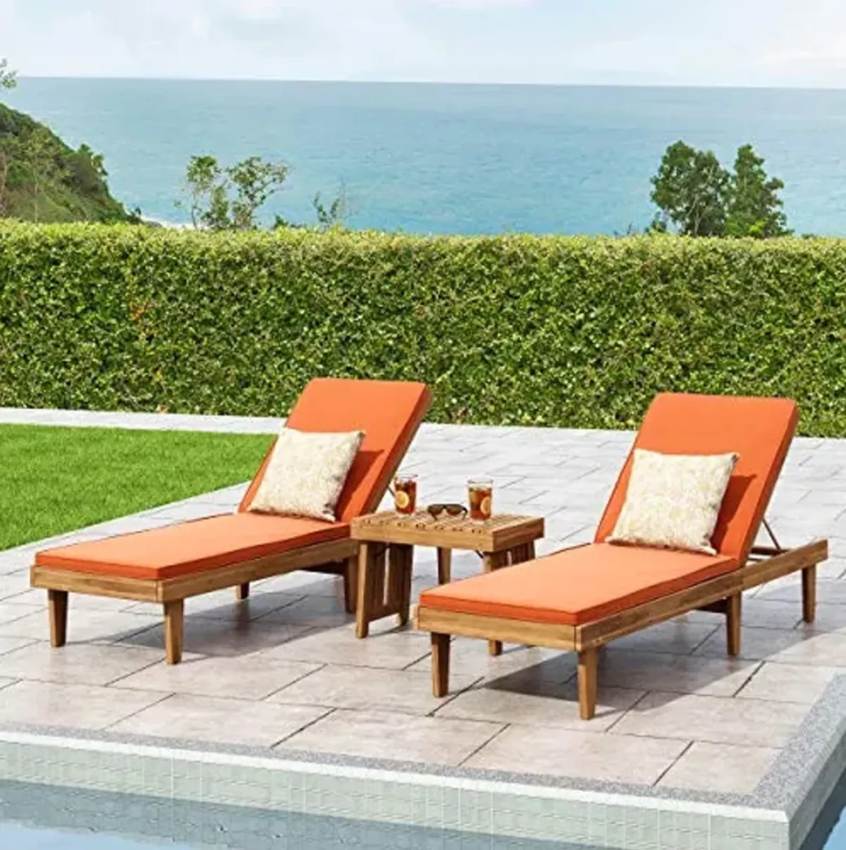 Christopher Knight Home William Outdoor Acacia Wood 3 Piece Chaise Lounge Set, Teak Finish, Rust Orange