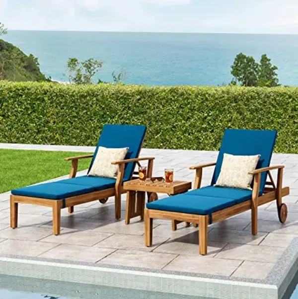 Christopher Knight Home Benjamin Outdoor Acacia Wood 3 Piece Chaise Lounge Set, Teak Finish, Blue