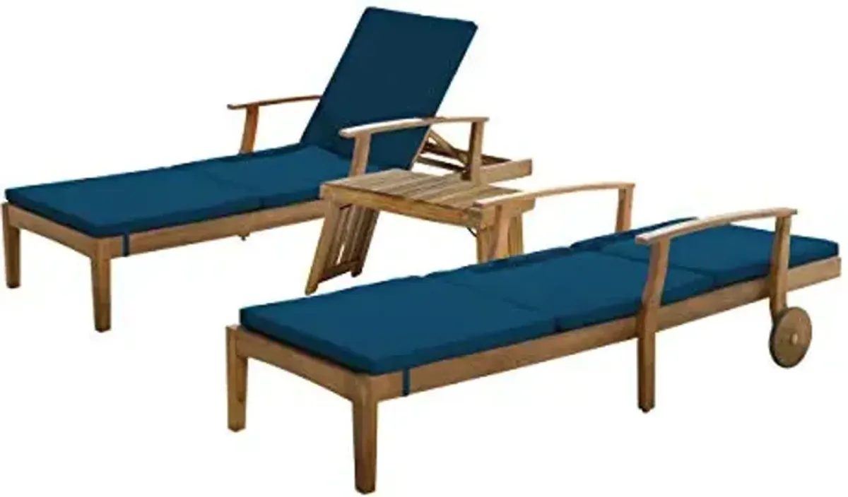 Christopher Knight Home Benjamin Outdoor Acacia Wood 3 Piece Chaise Lounge Set, Teak Finish, Blue