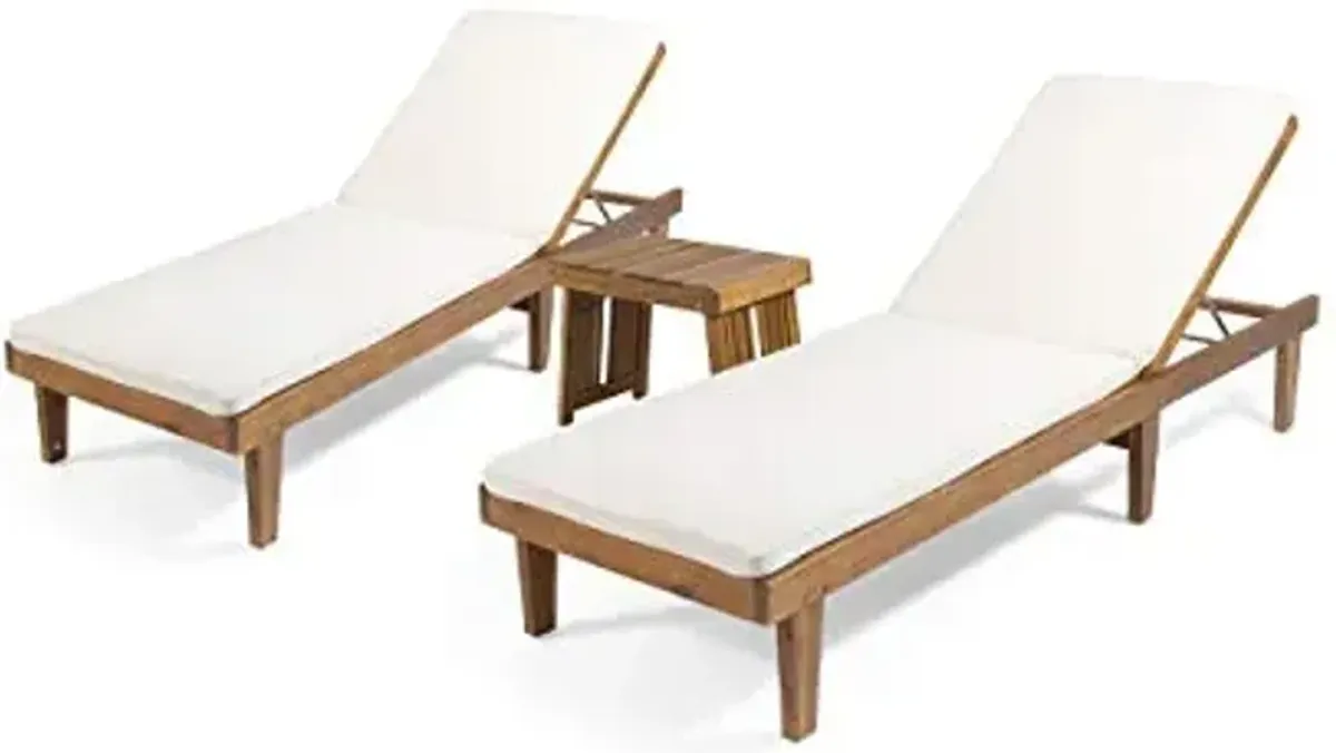 Christopher Knight Home Warner Outdoor Acacia Wood 3 Piece Chaise Lounge Set, Teak Finish, Cream