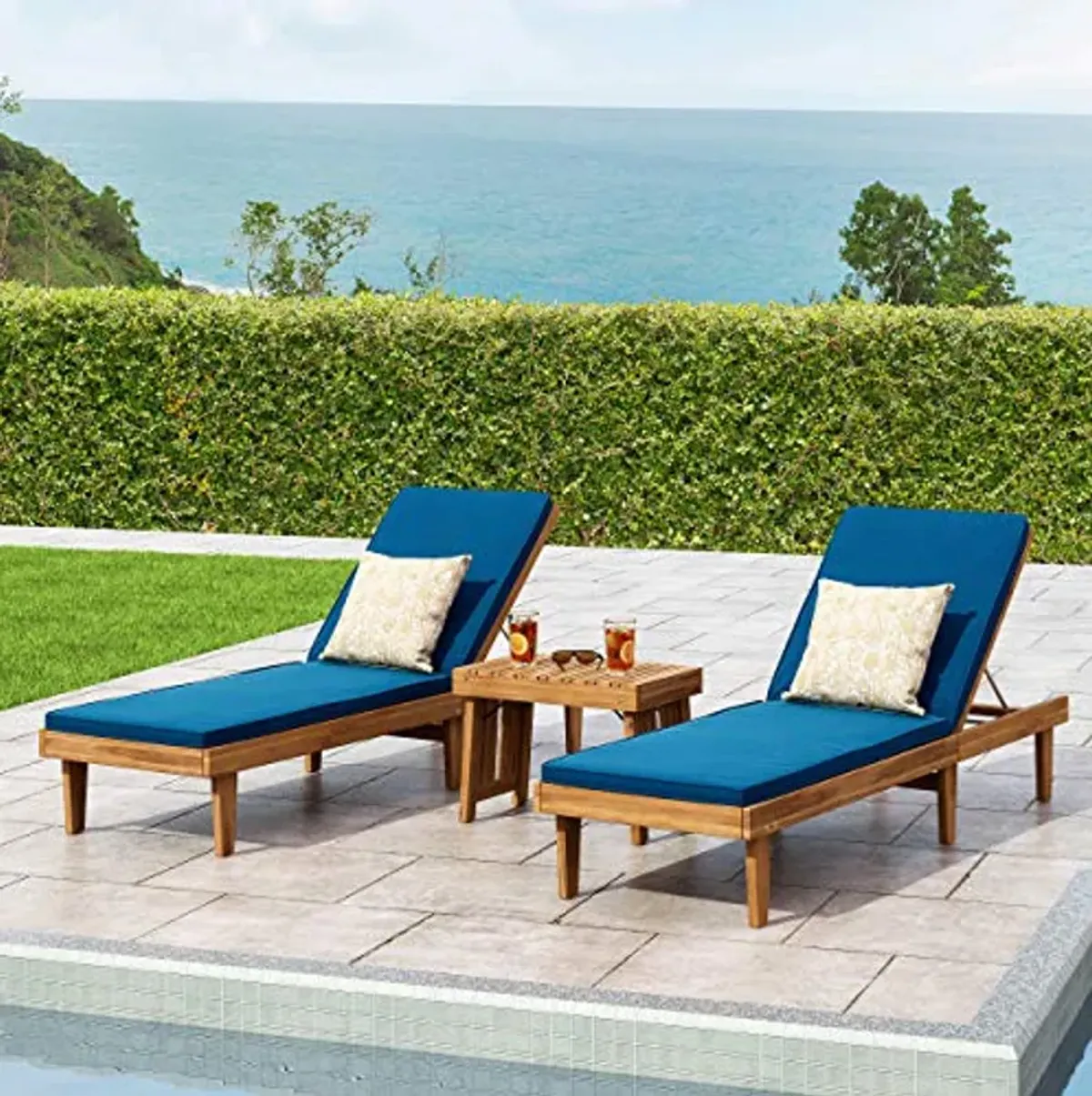 Christopher Knight Home Garfield Outdoor Acacia Wood 3 Piece Chaise Lounge Set, Teak Finish, Blue