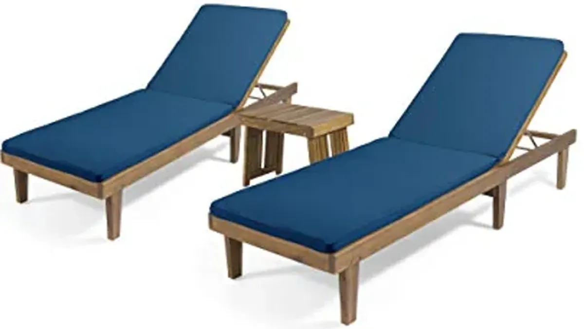 Christopher Knight Home Garfield Outdoor Acacia Wood 3 Piece Chaise Lounge Set, Teak Finish, Blue