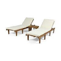 Christopher Knight Home Carlos Outdoor Acacia Wood 3 Piece Chaise Lounge Set, Teak Finish, Cream