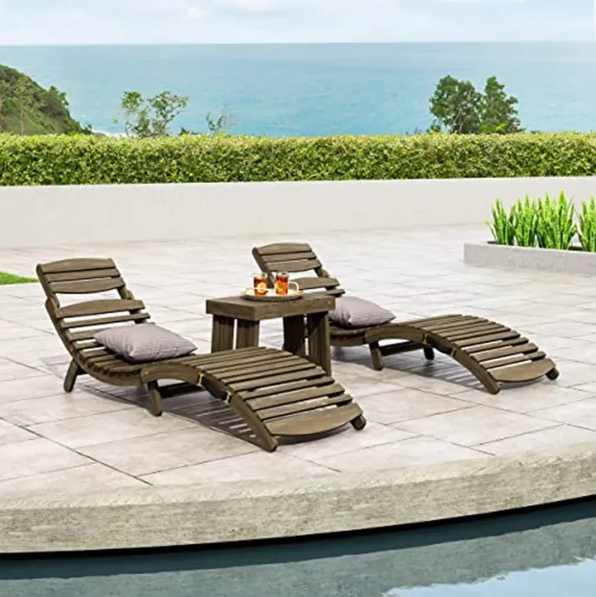 Christopher Knight Home Geoffrey Outdoor Acacia Wood Chaise Lounge Set, Gray Finish