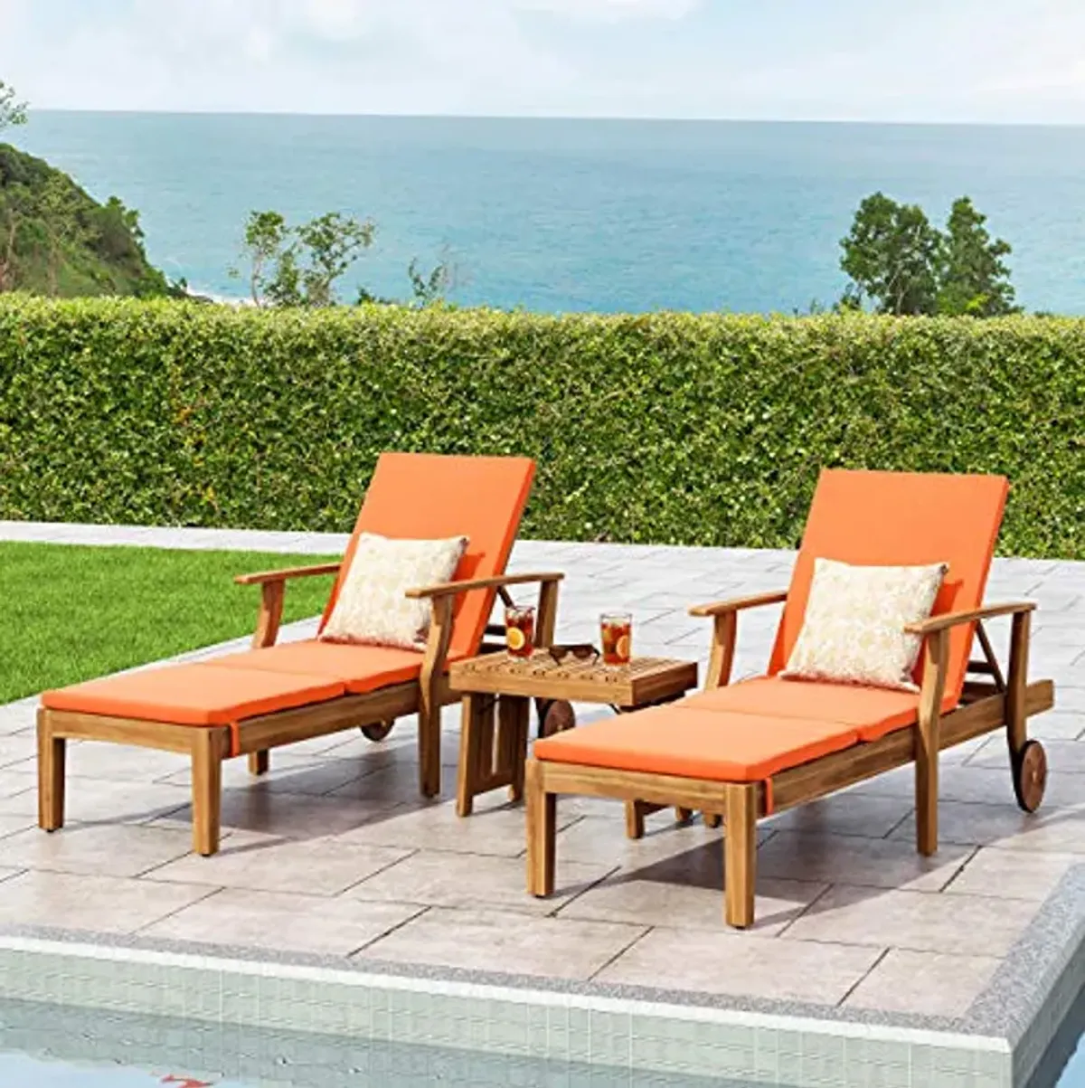 Christopher Knight Home Christian Outdoor Acacia Wood 3 Piece Chaise Lounge Set, Teak Finish, Orange