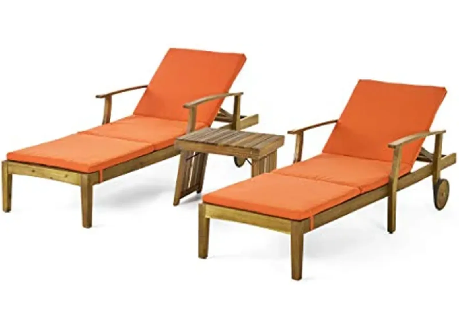 Christopher Knight Home Christian Outdoor Acacia Wood 3 Piece Chaise Lounge Set, Teak Finish, Orange