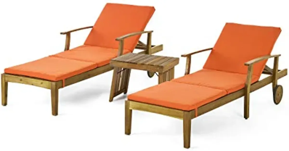 Christopher Knight Home Christian Outdoor Acacia Wood 3 Piece Chaise Lounge Set, Teak Finish, Orange