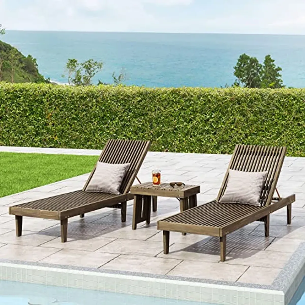 Christopher Knight Home Terence Outdoor Acacia Wood Chaise Lounge Set, Gray Finish