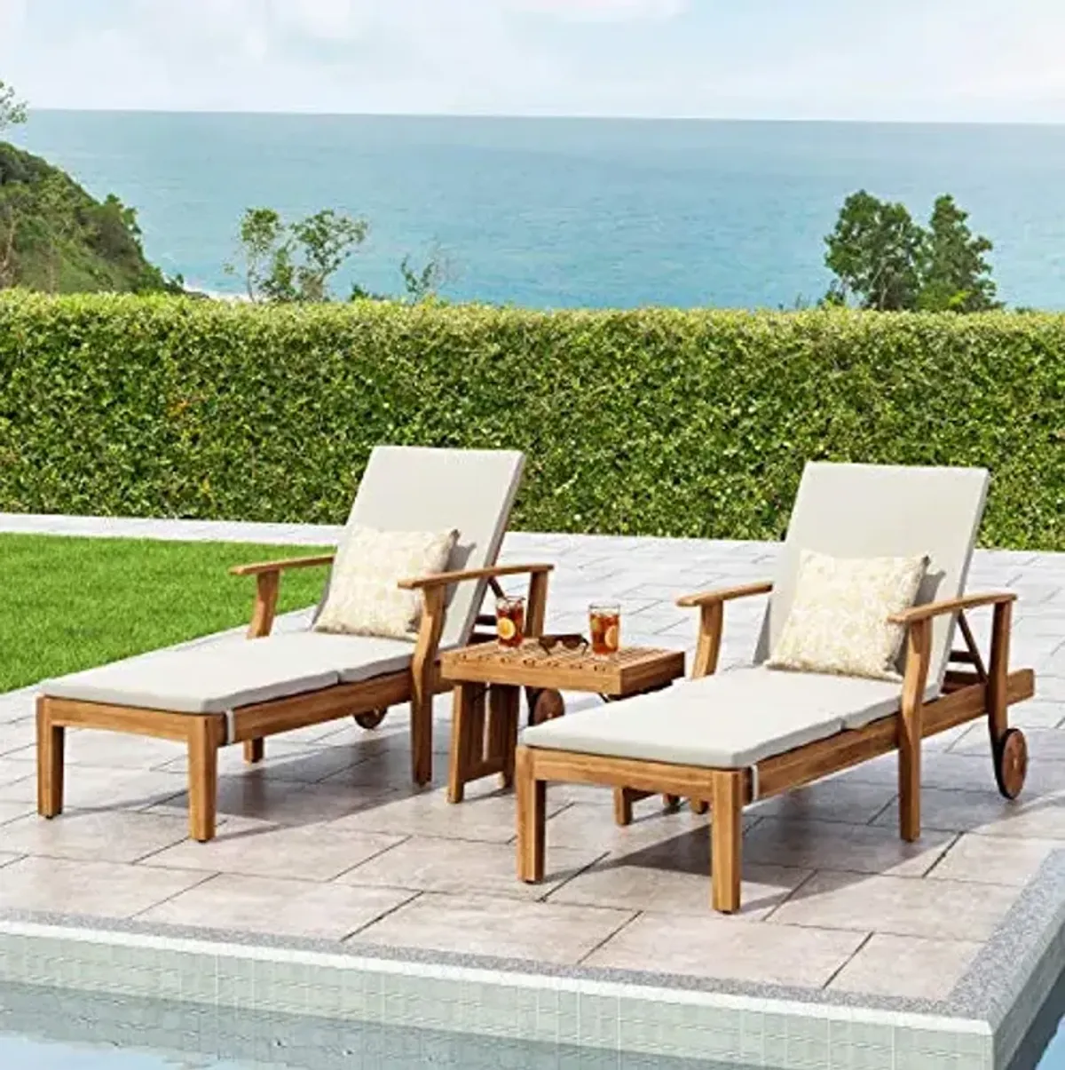 Christopher Knight Home Wesley Outdoor Acacia Wood 3 Piece Chaise Lounge Set, Teak Finish, Cream