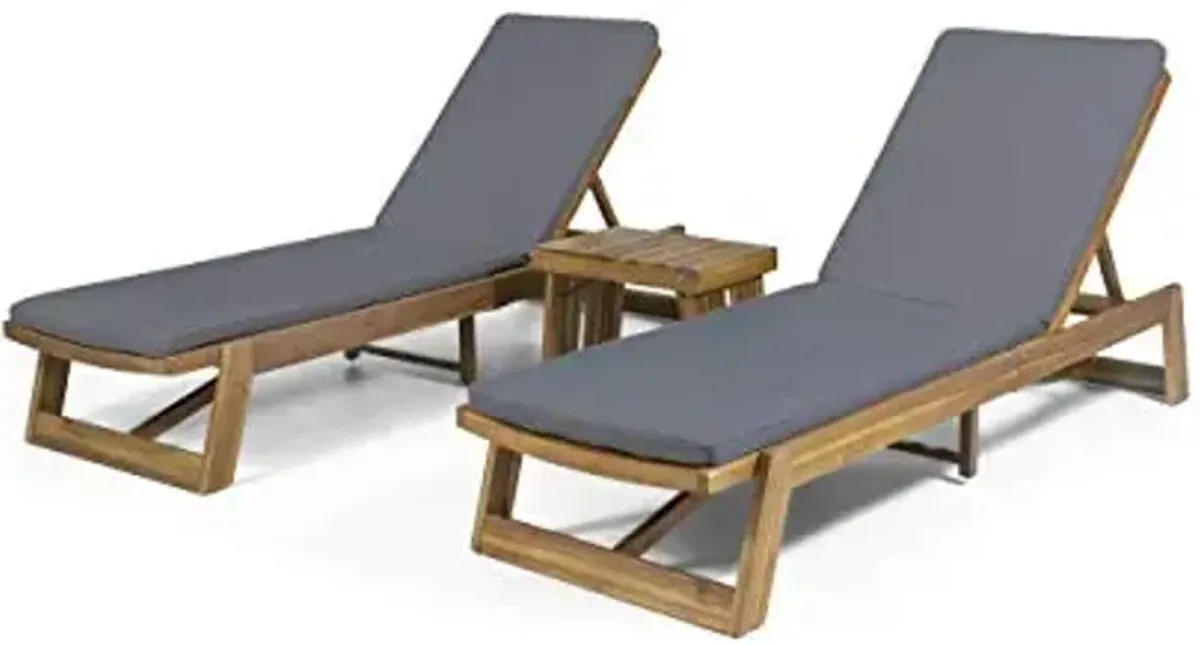 Christopher Knight Home Francis Outdoor Acacia Wood 3 Piece Chaise Lounge Set, Teak Finish, Yellow, Dark Gray