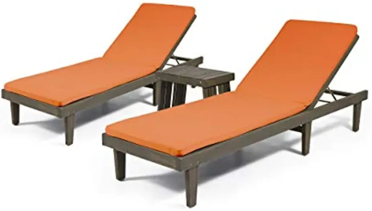 Christopher Knight Home Alexander Outdoor Acacia Wood 3 Piece Chaise Lounge Set, Gray Finish, Rust Orange