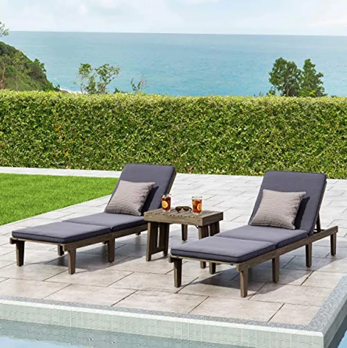 Christopher Knight Home Elliott Outdoor Acacia Wood 3 Piece Chaise Lounge Set, Gray Finish, Dark Gray