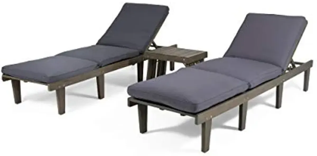 Christopher Knight Home Elliott Outdoor Acacia Wood 3 Piece Chaise Lounge Set, Gray Finish, Dark Gray