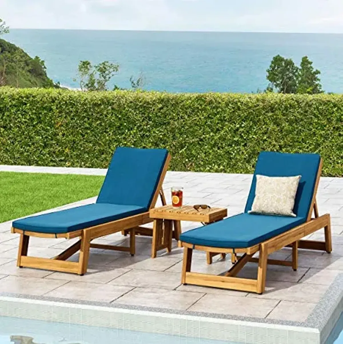 Christopher Knight Home Alfred Outdoor Acacia Wood 3 Piece Chaise Lounge Set, Teak Finish, Yellow, Blue
