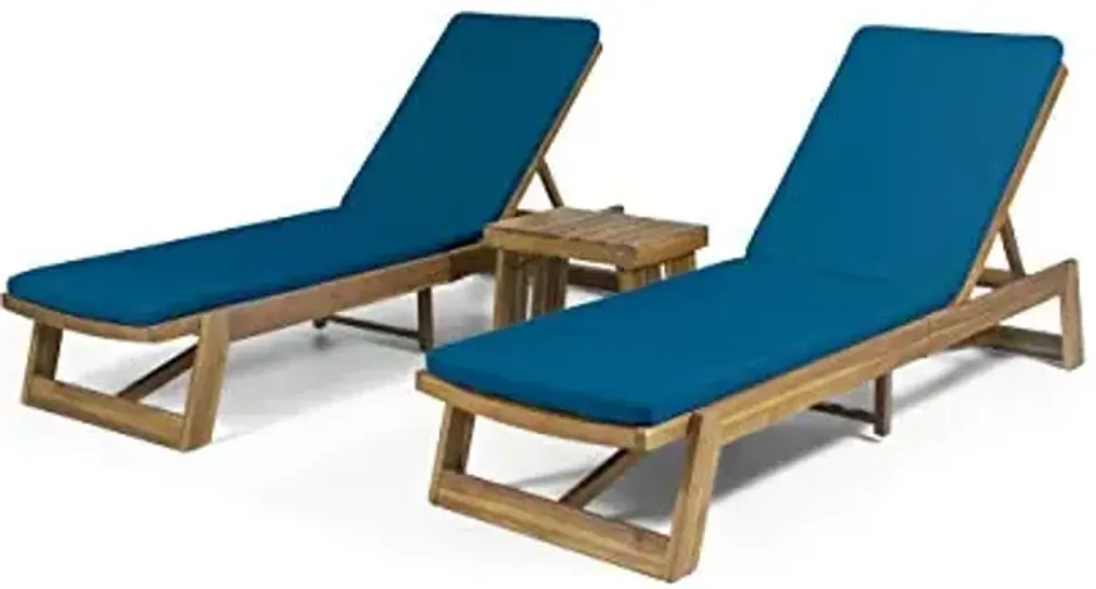 Christopher Knight Home Alfred Outdoor Acacia Wood 3 Piece Chaise Lounge Set, Teak Finish, Yellow, Blue