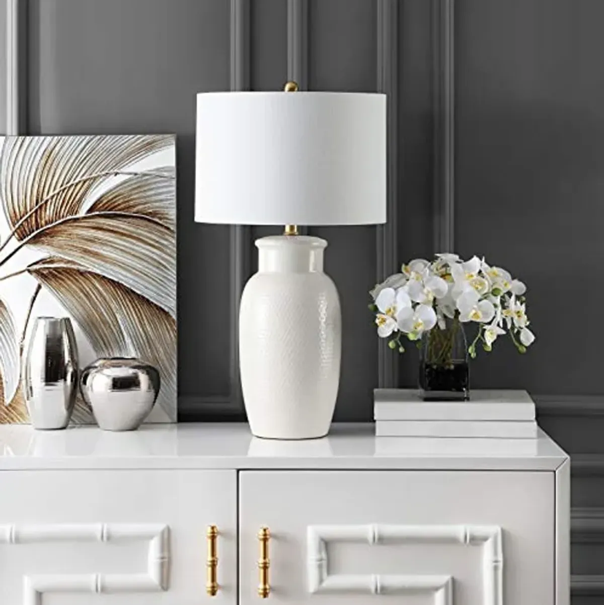SAFAVIEH Lighting Collection Norsi Modern Contemporary Ivory Ceramic 27-inch Bedroom Living Room Home Office Desk Nightstand Table Lamp (LED Bulb Included)