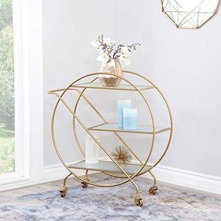 Abbyson Living 3 Tier Round Rolling Bar Cart with Glass Shelves, Gold