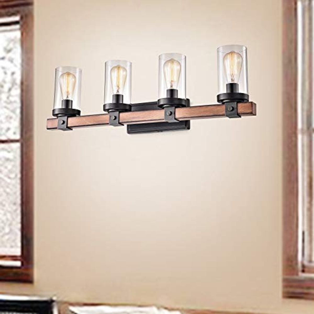 Jojospring Natural Wood 4-Light Glass Cylinder Antique Black Wall Sconce