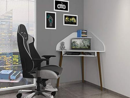 Manhattan Comfort Bradley Mid Century Modern Home Office 2 Shelf Corner Study Desk, 43.98", White