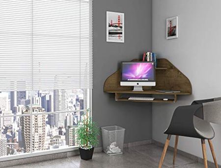 Manhattan Comfort Bradley Mid Century Modern Home Office Floating Corner Desk with Keyboard Shelf, 43.98", Rustic Brown