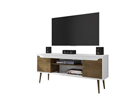 Manhattan Comfort Bradley Modern Living Room Television Stand with 2 Media 2 Storage Shelves, 62.99", White/Rustic Brown