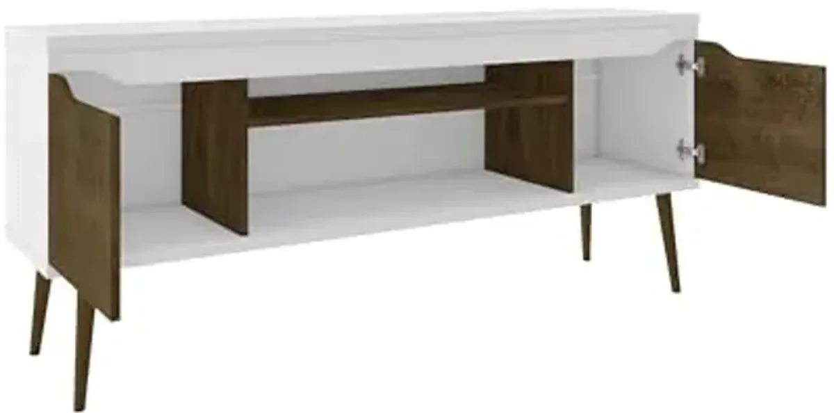 Manhattan Comfort Bradley Mid Century Modern TV Stand for Televisions up to 60 Inches, Living Room Entertainment Center with Storage, Media Shelves and Soft Close Doors, White/Rustic Brown