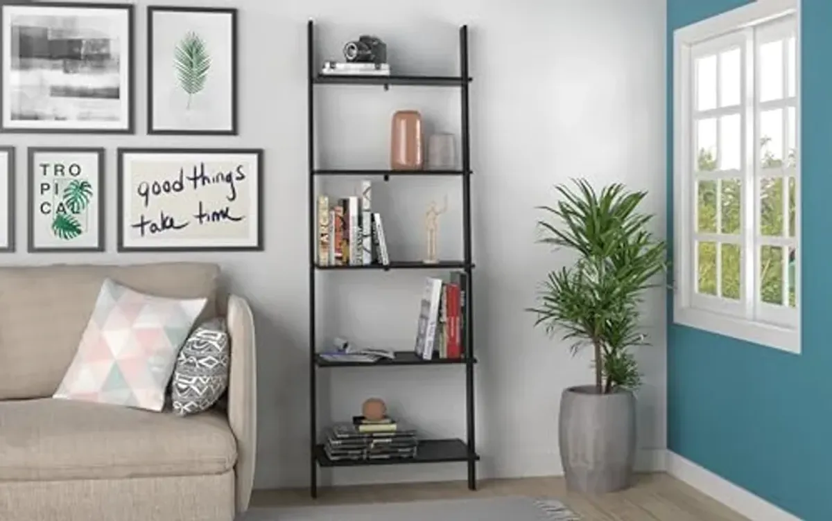 Manhattan Comfort Cooper 72" Mid Century Modern Ladder Bookshelf, 5 Floating Shelves, Stylish Bookcase and Collectible Display, Perfect for Living Room or Office, Black