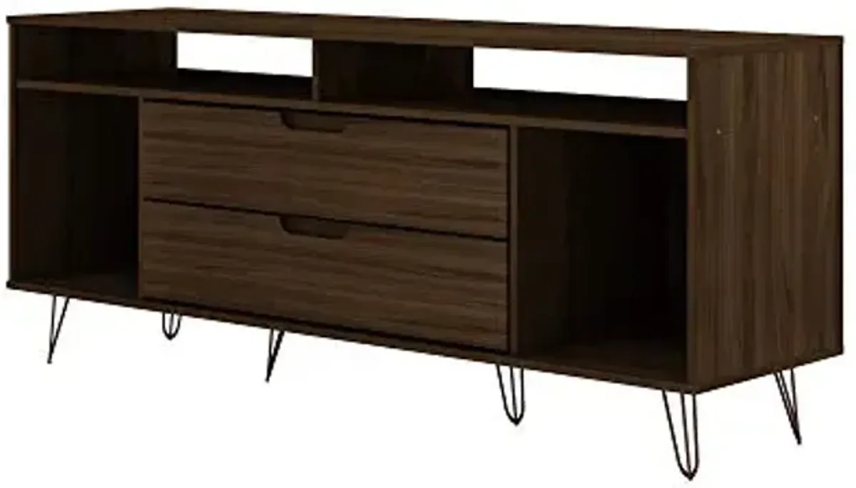 Manhattan Comfort Rockefeller Mid Century Modern TV Stand with Storage for Televisions up to 60", Console with 2 Shelves, 2 Cubby Spaces, 2 Drawers, Entertainment Center for Living Room, Brown