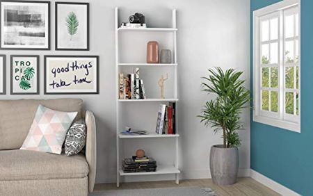 Manhattan Comfort Cooper Modern Home Office 5-Shelf Floating Ladder Bookcase, White