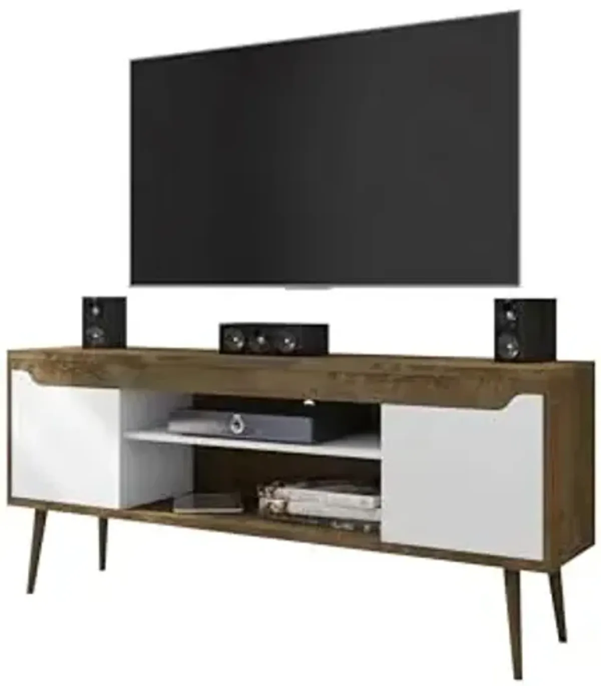 Manhattan Comfort Bradley Mid Century Modern TV Stand for Televisions up to 60 Inches, Living Room Entertainment Center with Storage, Media Shelves and Soft Close Doors, Rustic Brown/White