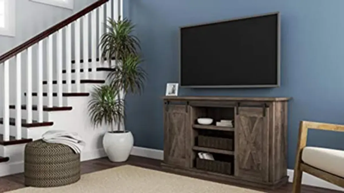 Signature Design by Ashley Arlenbry Farmhouse TV Stand, Fits TVs up to 52" with Sliding Barn Doors, Weathered Oak Gray