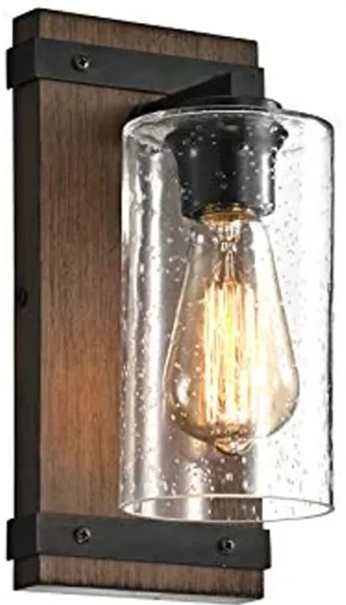 Jojospring Antique Black Metal and Natural Wood Base Glass Wall Sconce