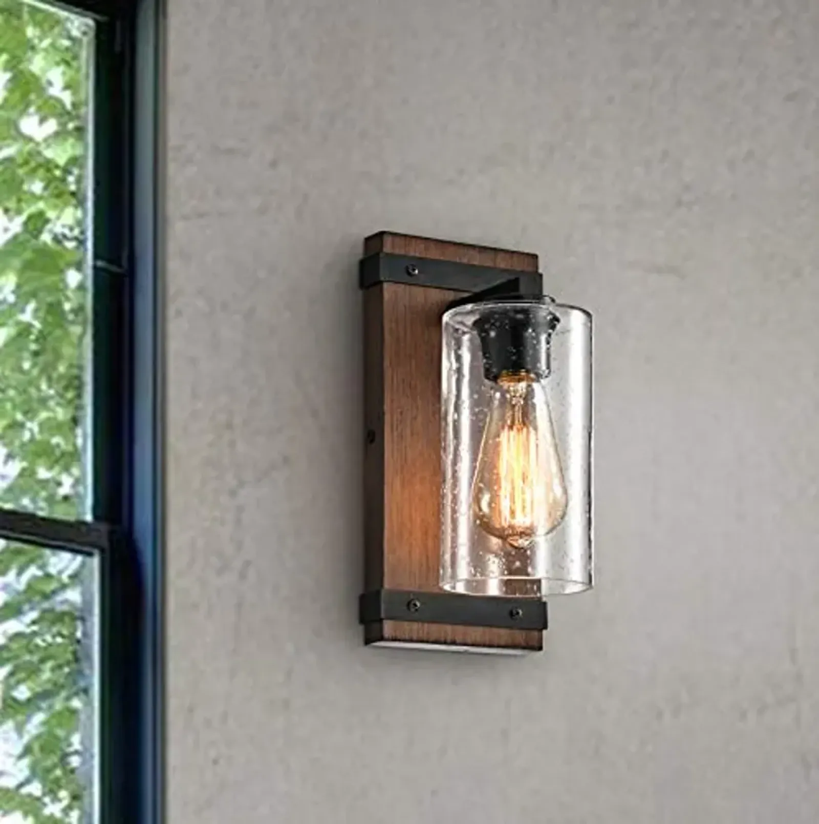 Jojospring Antique Black Metal and Natural Wood Base Glass Wall Sconce