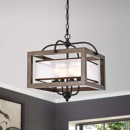 Jojospring Antique Black Metal Natural Wood Chandelier with Fabric Shade