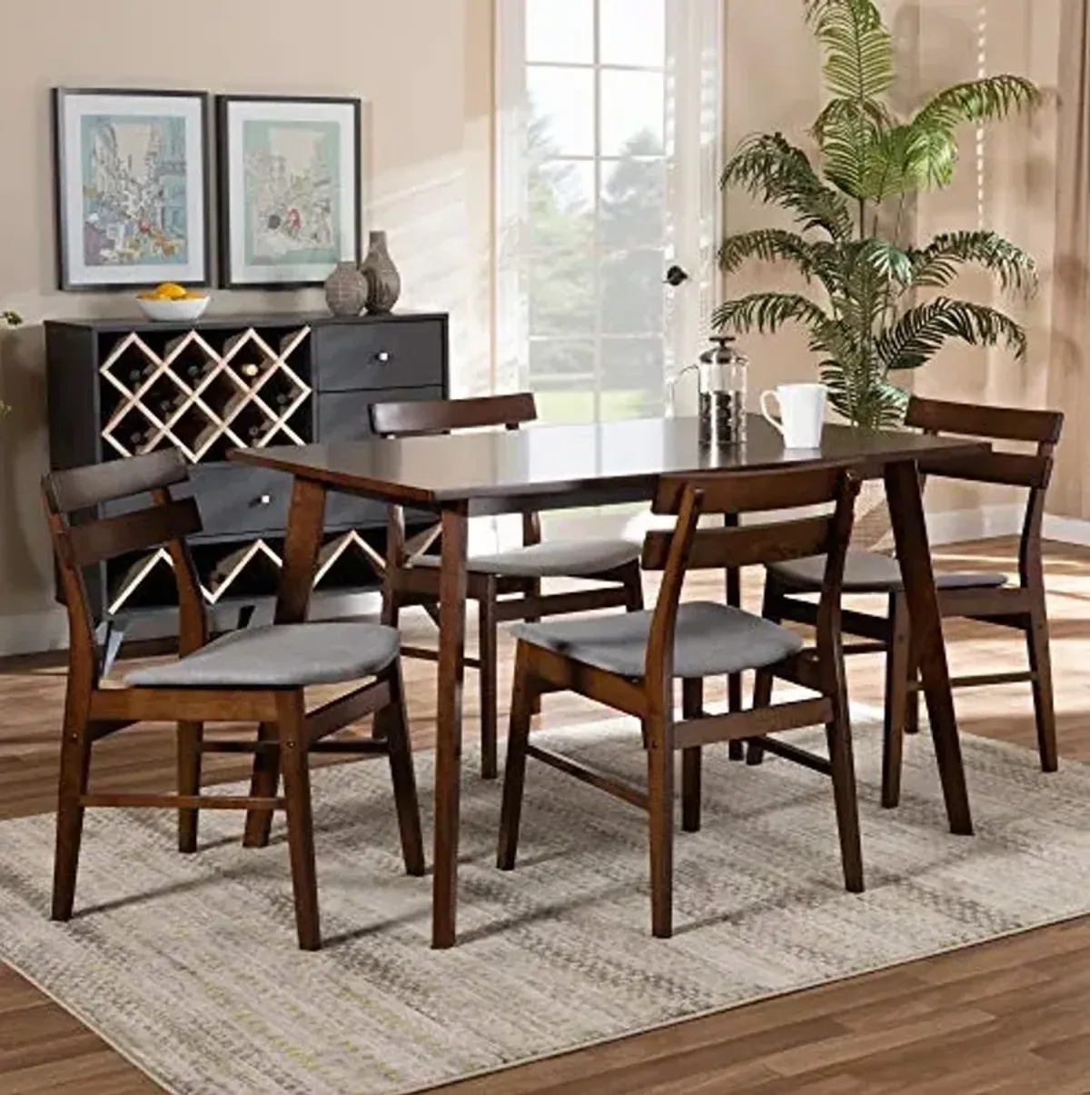 Baxton Studio Eleri Mid-Century Modern Transitional Light Grey Fabric Upholstered and Walnut Brown Finished Wood 5-Piece Dining Set