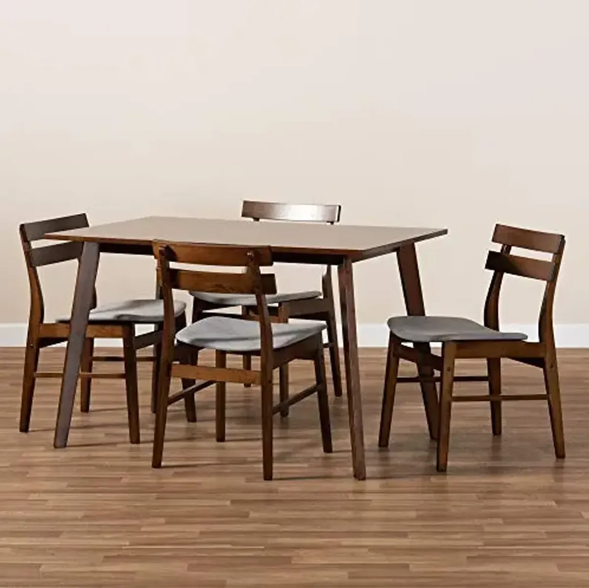 Baxton Studio Eleri Mid-Century Modern Transitional Light Grey Fabric Upholstered and Walnut Brown Finished Wood 5-Piece Dining Set