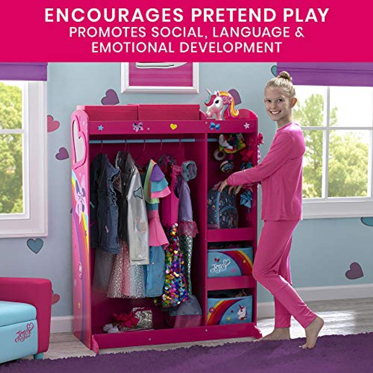 JoJo Siwa Dress and Play Boutique by Delta Children Pretend Play Costume Storage Wardrobe for Kids with Mirror & Shelves