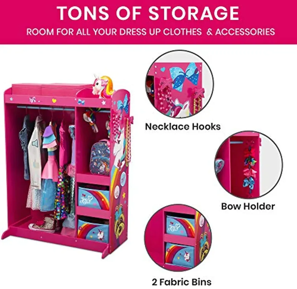 JoJo Siwa Dress and Play Boutique by Delta Children Pretend Play Costume Storage Wardrobe for Kids with Mirror & Shelves