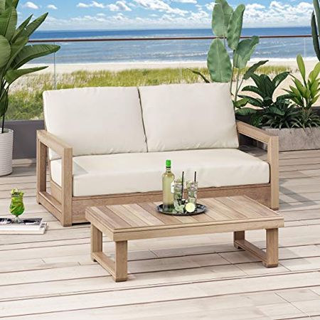 Christopher Knight Home Randy Outdoor Acacia Wood Loveseat Set with Coffee Table, Brown and Beige