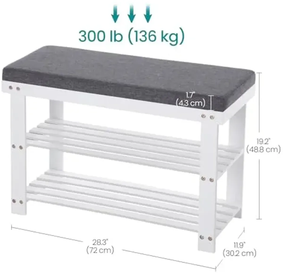 SONGMICS Bamboo Shoe Bench, 3-Tier Shoe Rack Organizer for Entryway, Living Room, Bench Seat Holds Up to 300 lb, 11.9 x 28.3 x 19.2 Inches, Cloud White and Slate Gray ULBS604W01