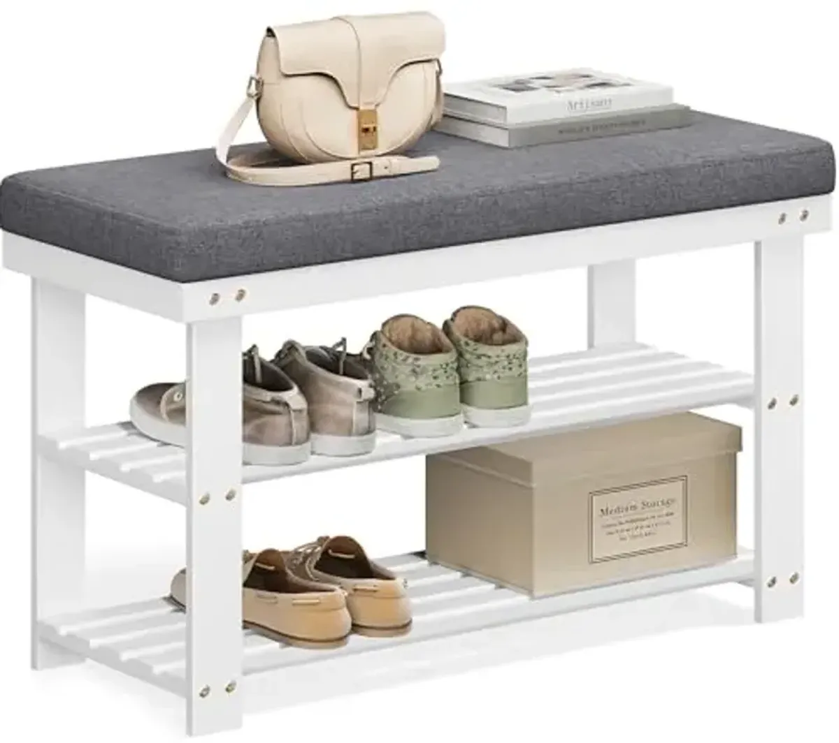 SONGMICS Bamboo Shoe Bench, 3-Tier Shoe Rack Organizer for Entryway, Living Room, Bench Seat Holds Up to 300 lb, 11.9 x 28.3 x 19.2 Inches, Cloud White and Slate Gray ULBS604W01