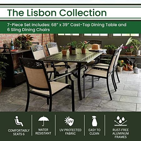 Hanover Lisbon 7-Piece Patio Dining Set with Rust-Resistant Cast Aluminum 39"x68" Large Rectangular Dining Table and 6 Sling Stationary Chairs, All-Weather Modern Outdoor Furniture for Backyard