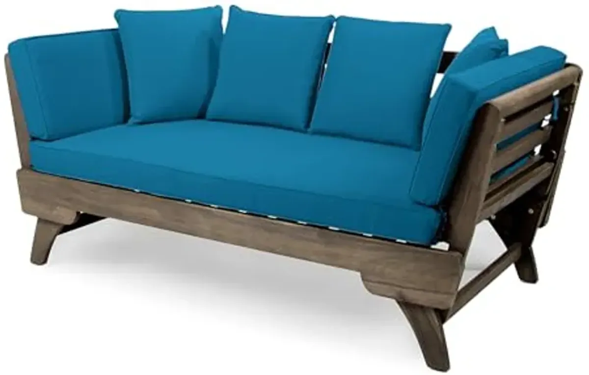 Christopher Knight Home Aldrich Outdoor Acacia Wood Expandable Daybed with Water Resistant Cushions, Dark Teal and Gray