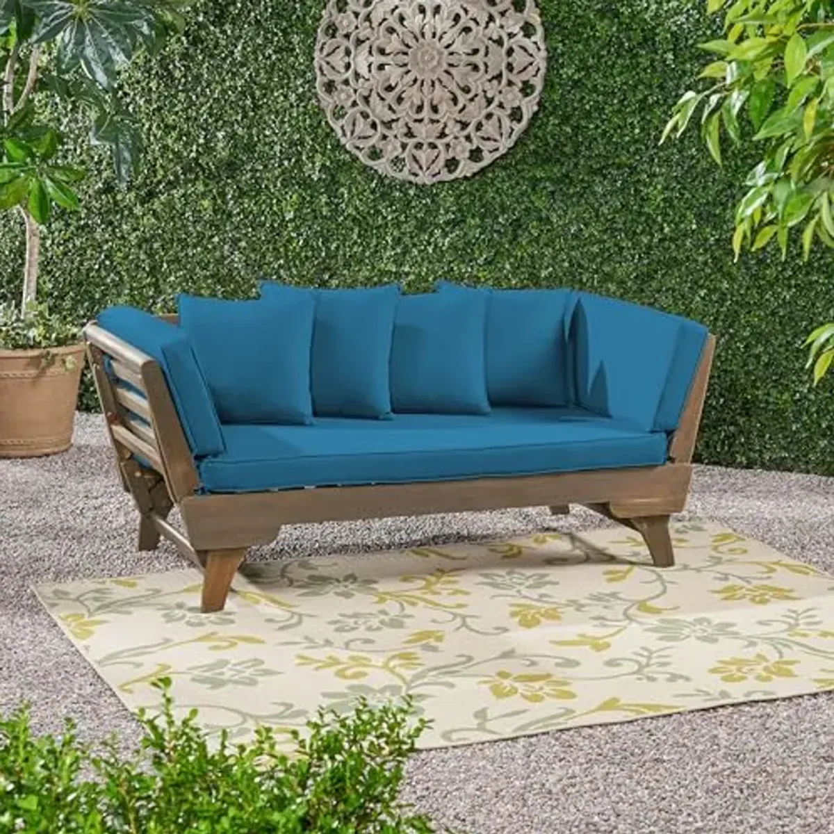 Christopher Knight Home Aldrich Outdoor Acacia Wood Expandable Daybed with Water Resistant Cushions, Dark Teal and Gray