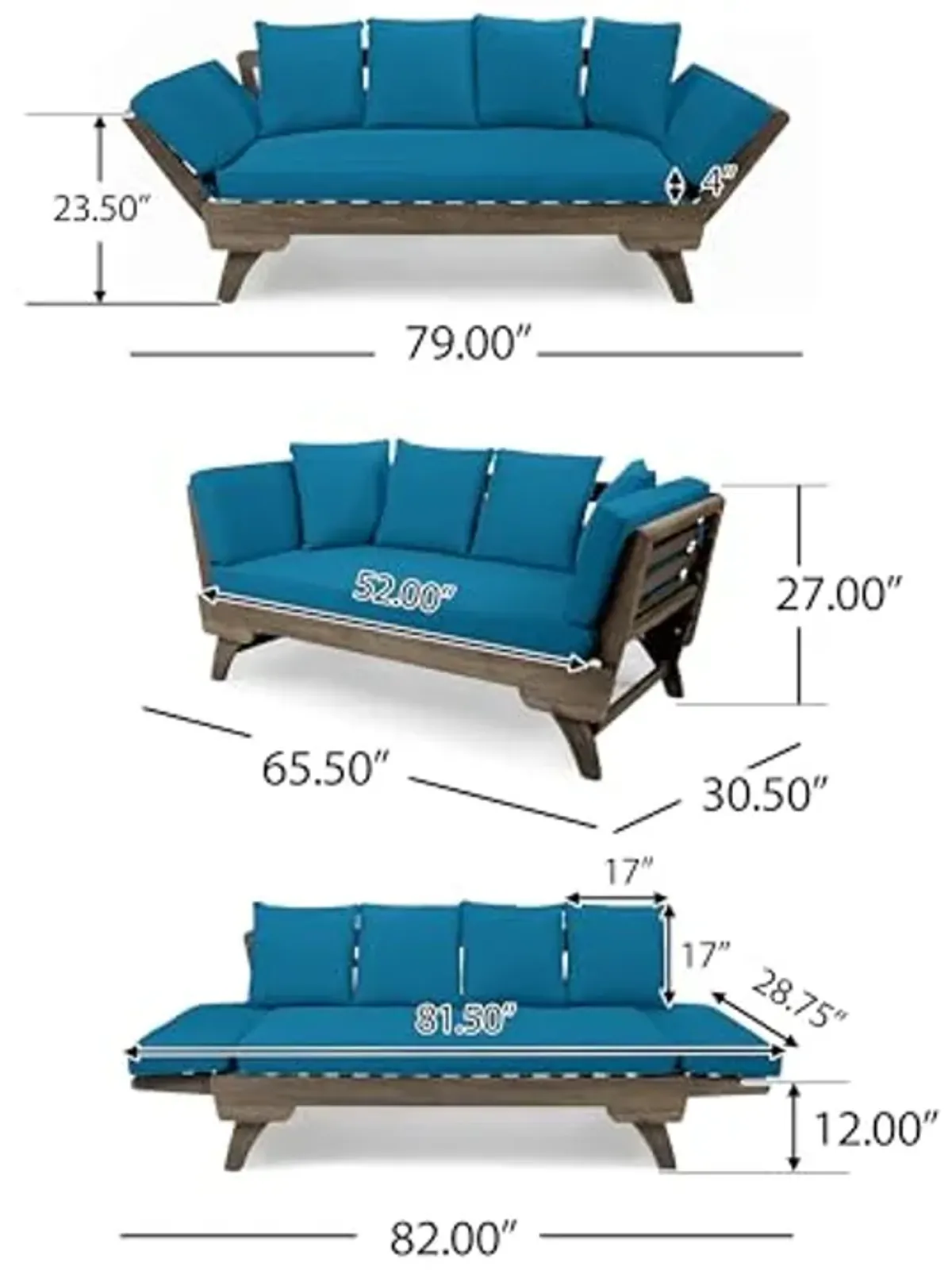 Christopher Knight Home Aldrich Outdoor Acacia Wood Expandable Daybed with Water Resistant Cushions, Dark Teal and Gray