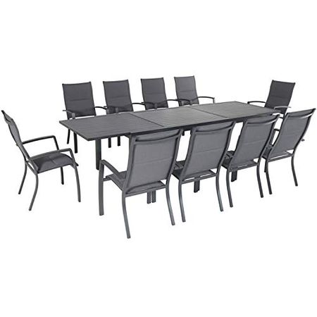 Hanover Naples 11-Piece Outdoor Dining Set with 10 Padded Sling Chairs in Gray and a 40" x 118" Expandable Dining Table
