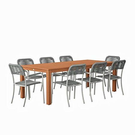 Amazonia Monaco 9-Piece Outdoor Rectangular Dining Table Set | Eucalyptus Wood | Ideal for Patio and Indoors, Dark Teak Finish