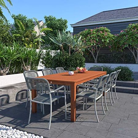 Amazonia Monaco 9-Piece Outdoor Rectangular Dining Table Set | Eucalyptus Wood | Ideal for Patio and Indoors, Dark Teak Finish
